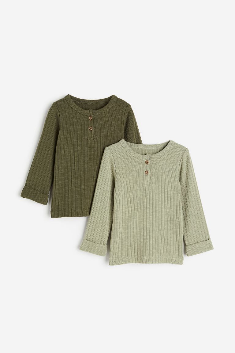 2-pack Ribbed Henley Shirts - Dark green/light khaki green - Kids | H&M US | H&M (US + CA)
