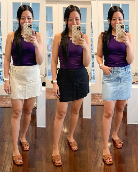 Size small tank
Size small linen skorts
Size 2 denim skirt 
Sandals are true to size 


#LTKFindsUnder50 #LTKOver40 #LTKSaleAlert