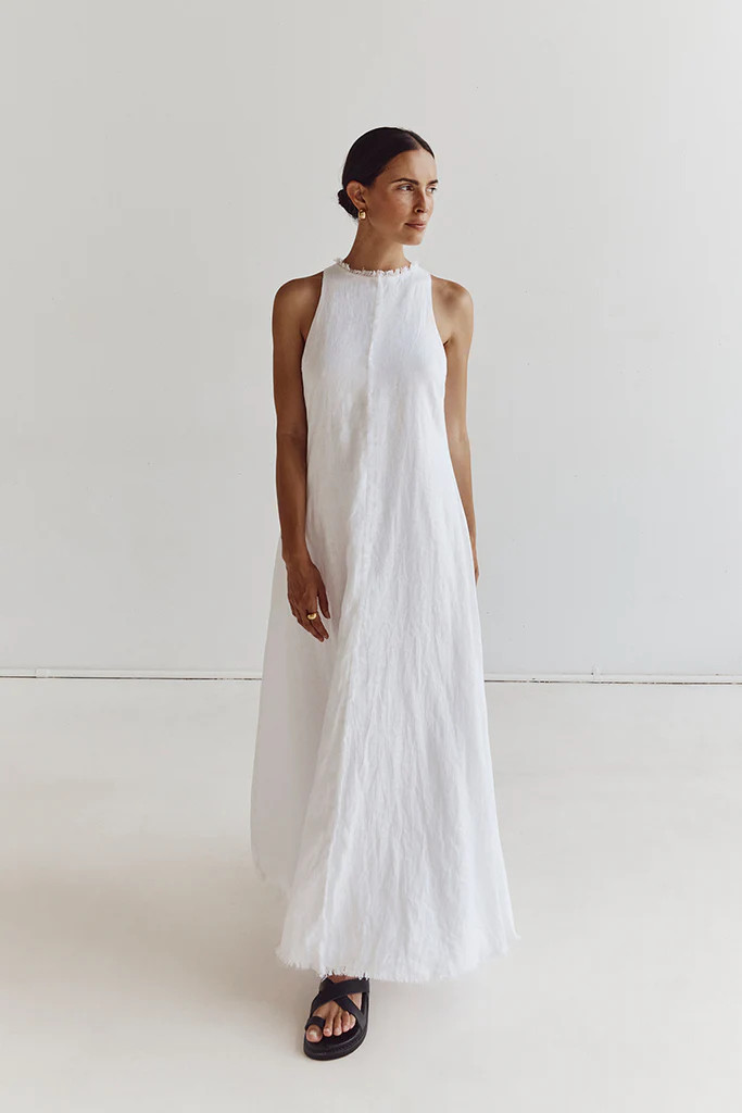 GEORGIE WHITE LINEN HIGH NECK DRESS | DISSH