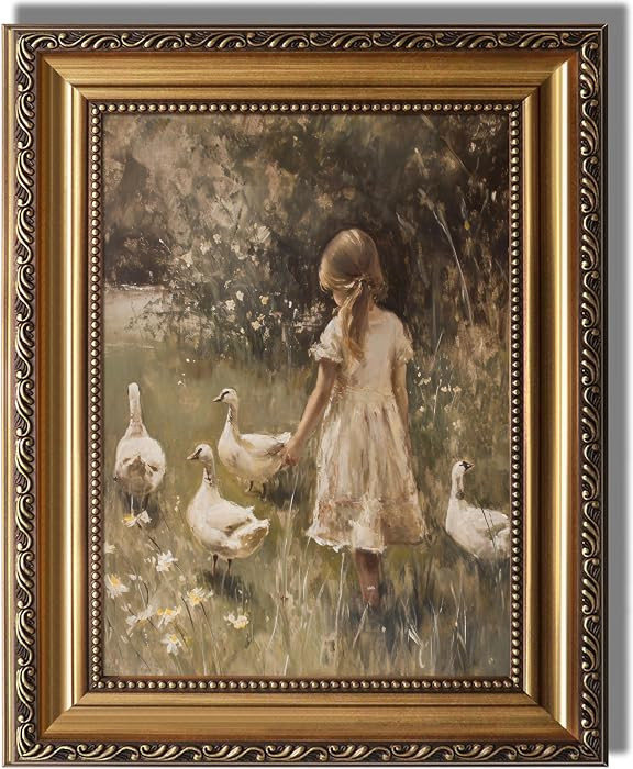 KBKBART Vintage Gold Framed Wall Art, Rustic Cute Girl with Duck Wall Decor | Amazon (US)