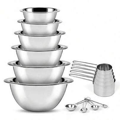 Stainless Steel Mixing Bowls (Set Of 6) Mixing Bowls Set For Kitchen - Easy To Clean Nesting Bowls Set With Measuring Cups And Spoons - Great For Cook | SHEIN