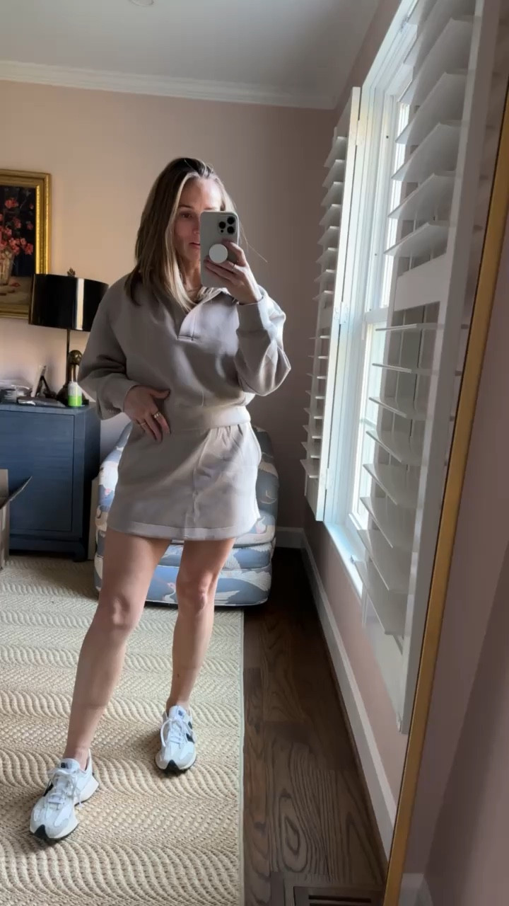 This sweatshirt + skirt combo is one of the cutest athleisure outfits I’ve ever tried on. Feels feminine but cozy and sporty. Wearing a small in the top and an XS in the skirt. Will size up to a small in the skirt because the waistband is tight. 

#LTKfitness #LTKSeasonal #LTKstyletip