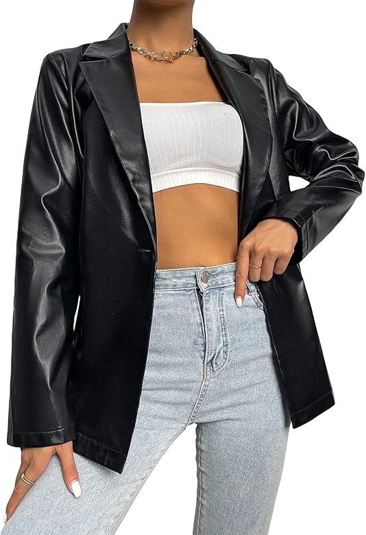 MakeMeChic Women's Faux Leather Blazer Jacket Lapel Collar Pleather Coat Outerwear | Amazon (US)