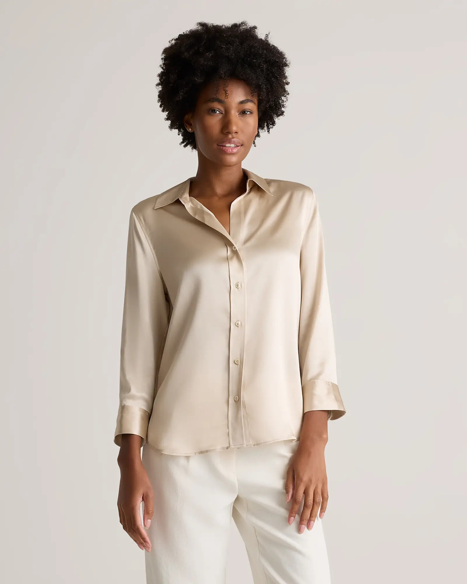 100% Washable Silk Three-Quarter Sleeve Shirt in Champagne | Quince