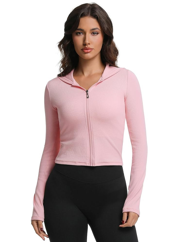 Ribbed Hoodies for Women Lightweight Full Zip Up Jackets Long Sleeves Tops Fitted Cropped Sweatsh... | Amazon (US)