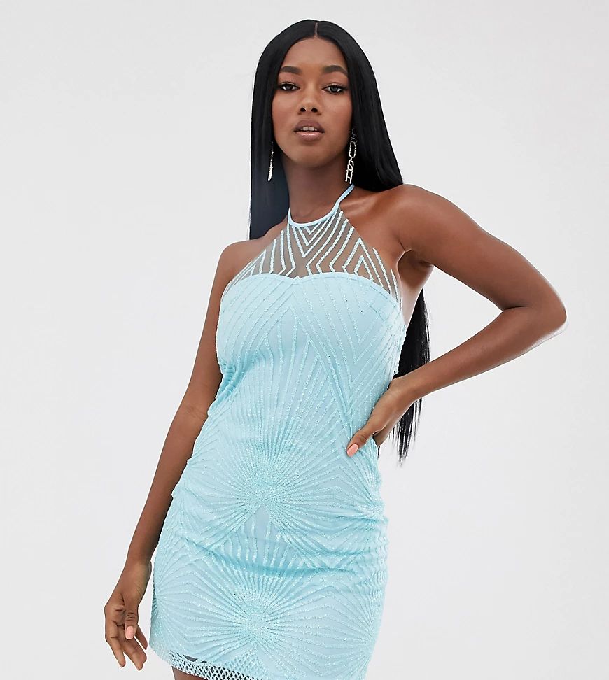 Elsie & Fred halterneck cami dress in glitter mesh-Blue | ASOS (Global)