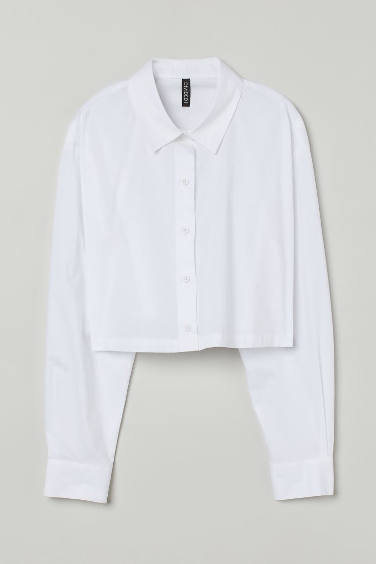 Short, boxy shirt in woven cotton fabric. Collar, buttons at front, dropped shoulders, and long s... | H&M (US + CA)