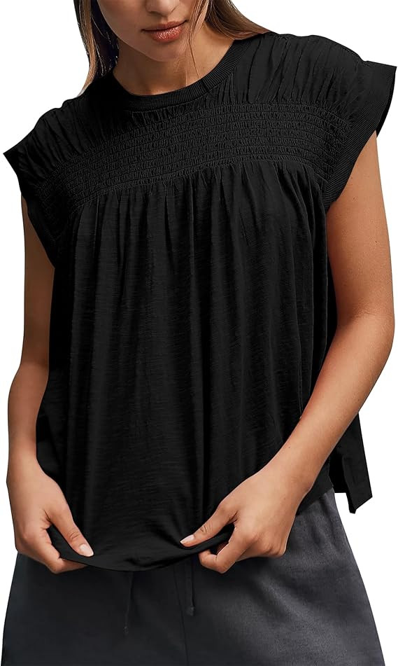 Smocked Pleated Blouse for Women Summer Ruffle Crewneck Cap Sleeve Shirts 2025 Trendy Solid Loose... | Amazon (US)