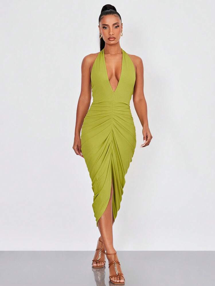SHEIN BAE Plunging Neck Ruched Asymmetrical Hem Backless Halter Dress | SHEIN