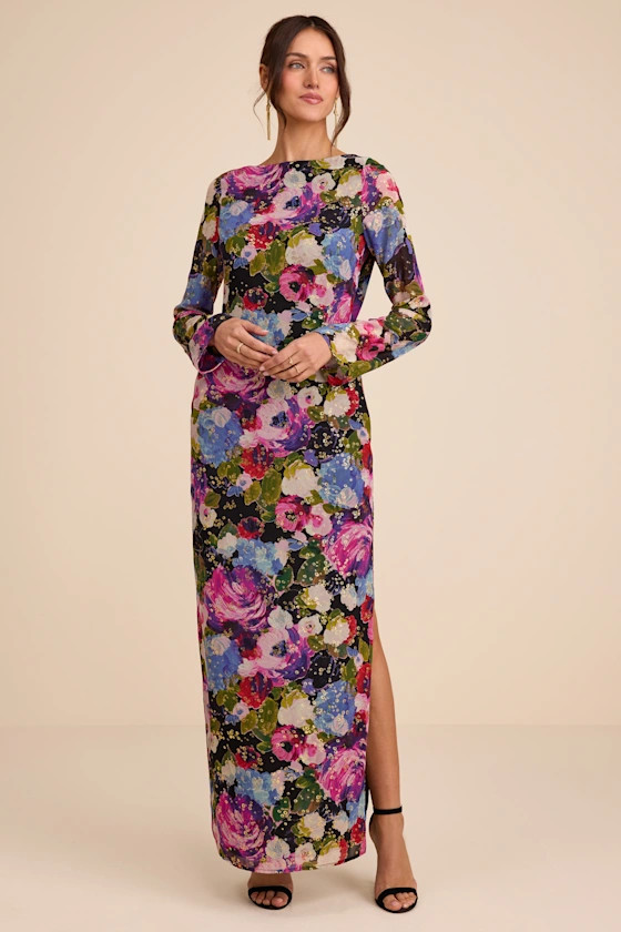 Merrit Black Multi Cowl Back Long Sleeve Maxi Dress | Lulus