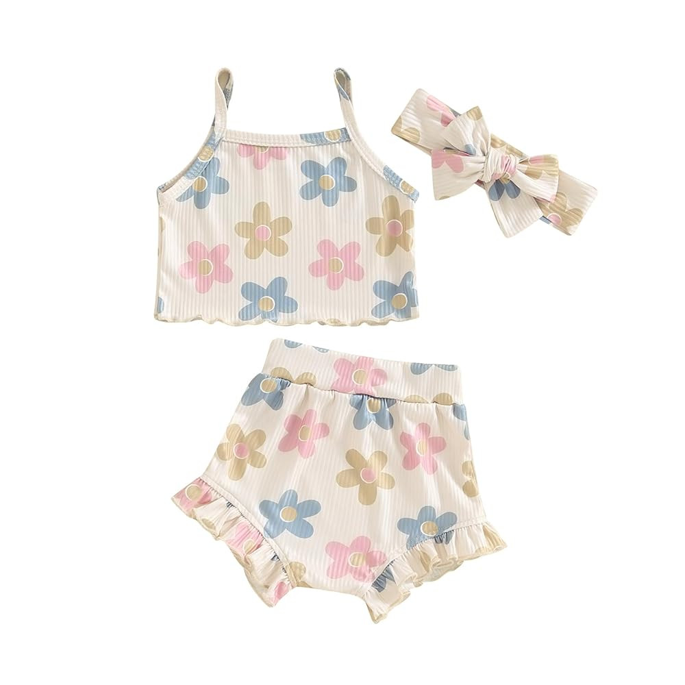 Murnouche Newborn Baby Girl Summer Clothes Sleeveless Floral Top Ribbed Shorts Boho Outfit Set | Amazon (US)