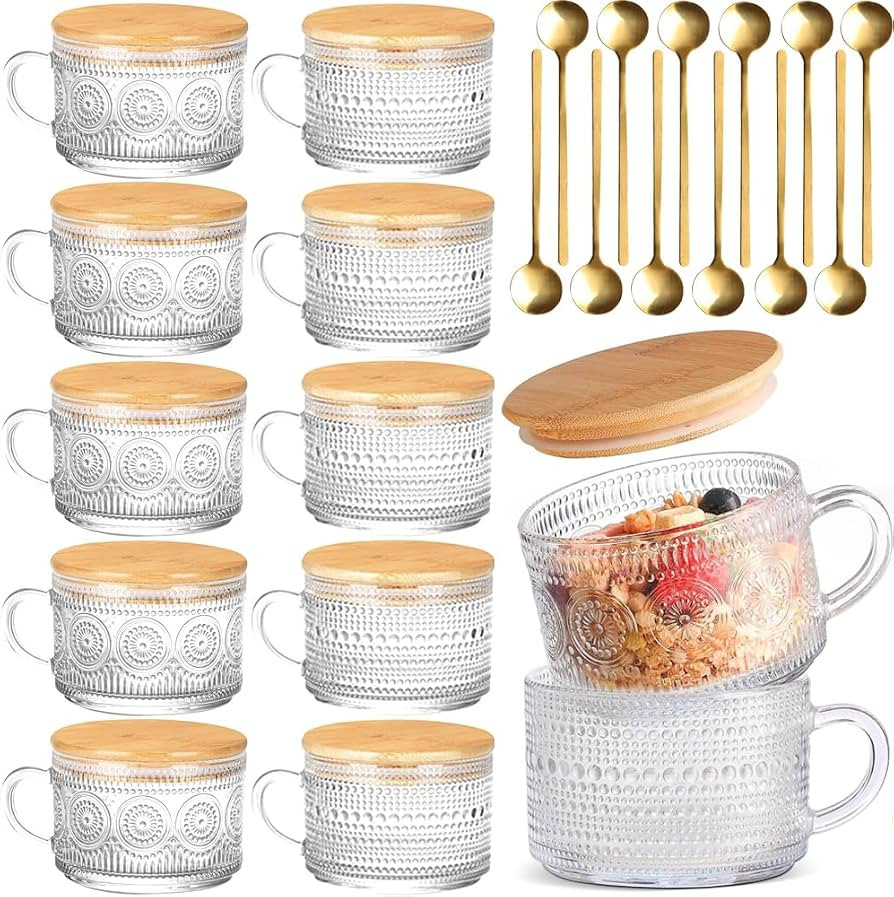 Vintage Glass Coffee Mugs Set of 12, Overnight Oats Cups with Spoons and Bamboo Lids, 14oz Clear ... | Amazon (US)