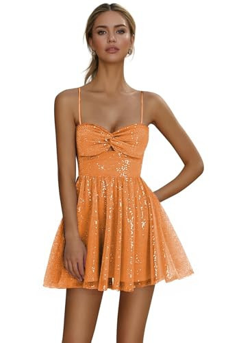 SELFGENIC Elegant Orange Homecoming Dress Plus Size Sequined Formal Prom Dresses Charming Spaghetti Straps Party Bodycon Dress Mini 18 | Amazon (US)