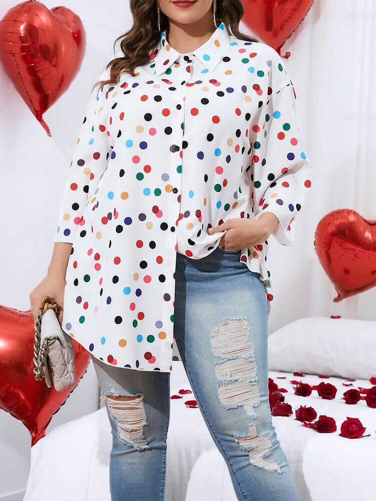 Plus Camisa impressão de bolinhas botão frontal | SHEIN