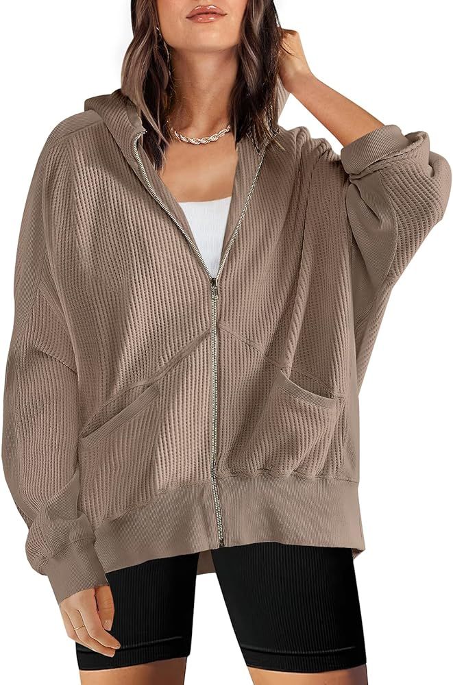 ANRABESS Women's Oversized Zip Up Hoodies Long Sleeve Waffle Knit Casual Jackets Outerwear 2023 F... | Amazon (US)
