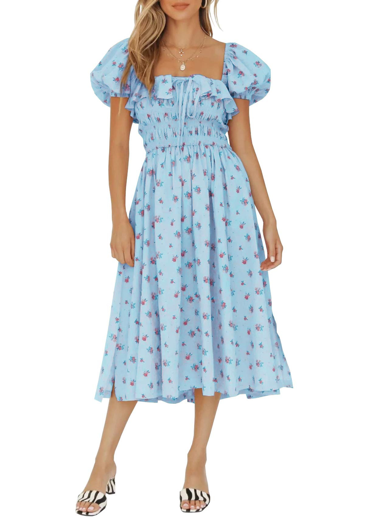 R.Vivimos Womens Summer Floral Print Puff Sleeves Vintage Ruffles Midi Dress | Amazon (US)