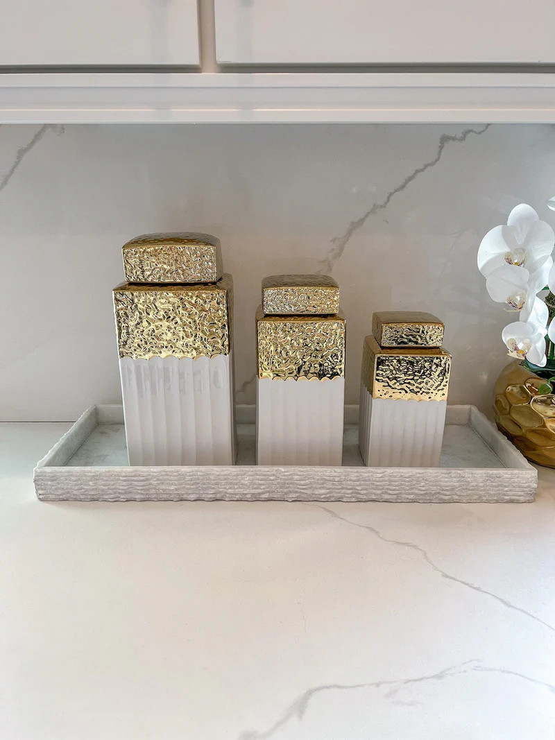 White Hammered Jar with Gold Border & Lid (3 Sizes) | Inspire Me! Home Decor