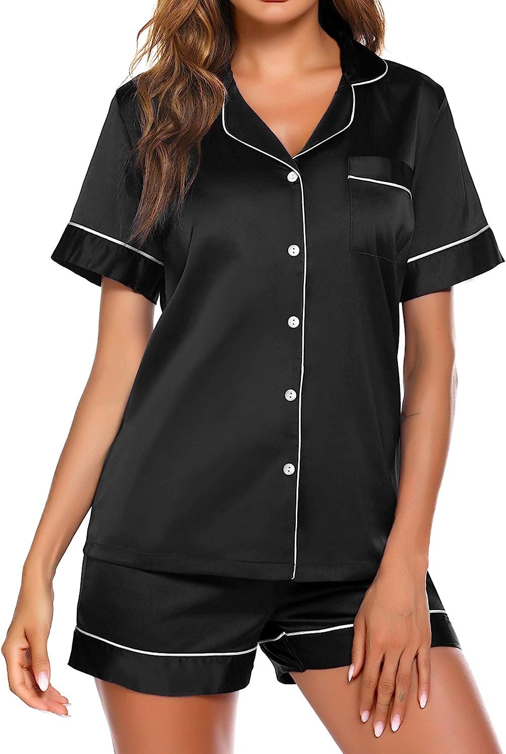 Ekouaer Satin Pajamas Women's Short Sleeve Sleepwear Soft Silk Button Down Loungewear Pjs Shorts Set | Amazon (US)