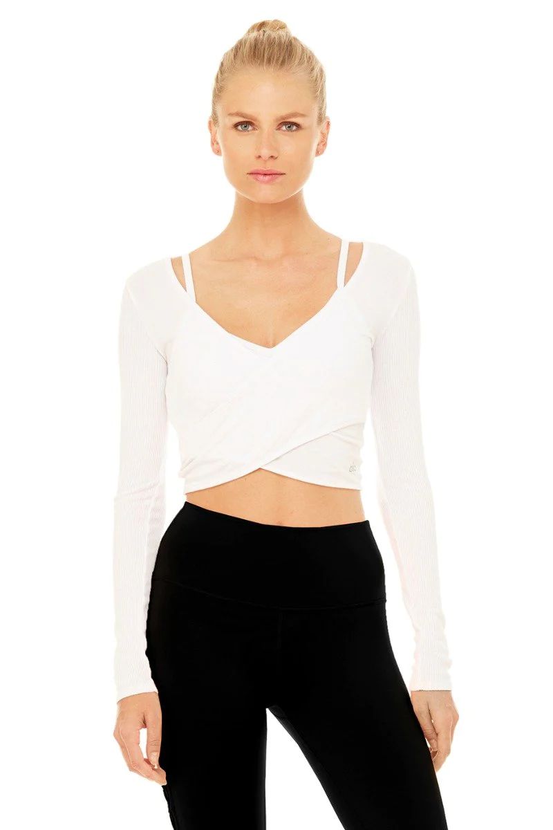 Alo YogaÂ® | Amelia Long Sleeve Crop Top in White, Size: Large | Alo Yoga