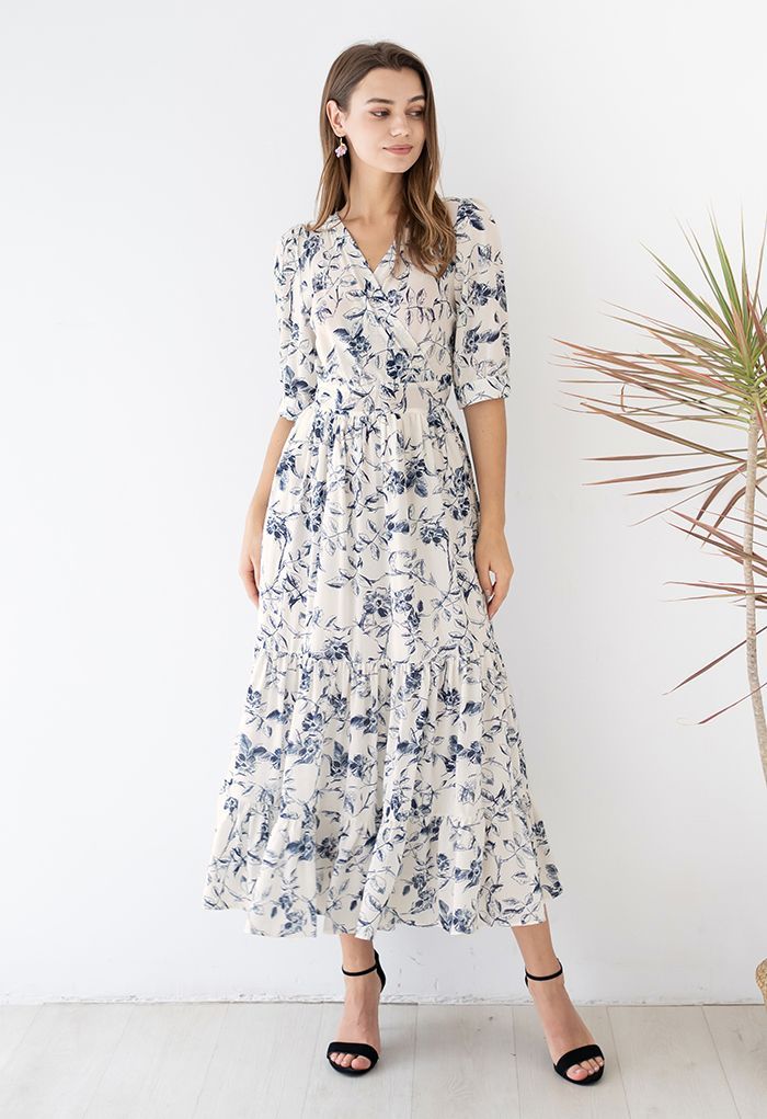 Navy Floral Frilling Wrapped Dress | Chicwish
