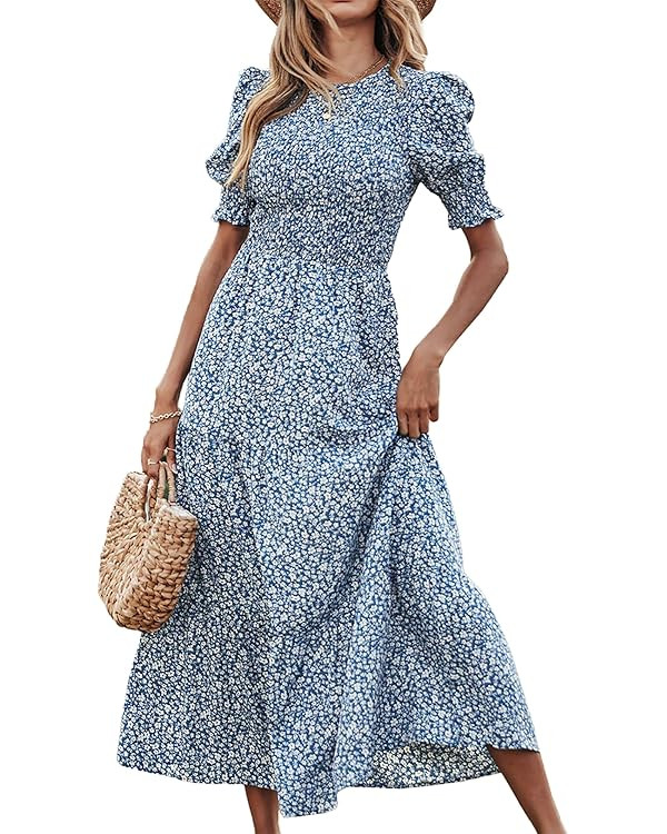 BTFBM Women Casual Summer Dresses 2023 Spring Crew Neck Ruffle Short Sleeve Floral Leopard Smocke... | Amazon (US)