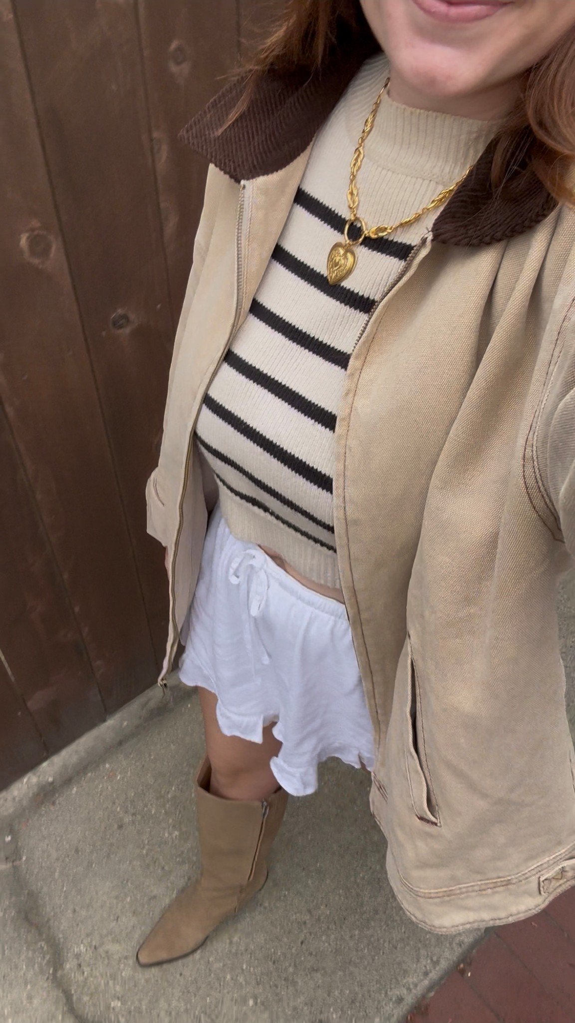 Obsessed with a barn jacket, feminine shorts and knee high boots!