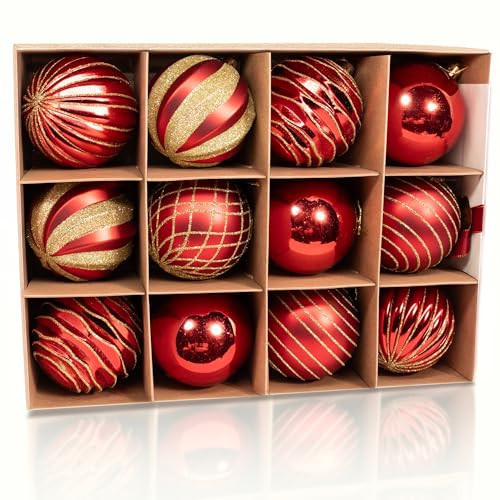 12PCS Red Gold Christmas Ball Ornaments, 3.15" Large Shatterproof Plastic Hand-Painted Glitter Xmas Tree Decorations (Red & Gold) | Amazon (US)