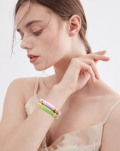 Gold Plated Beaded Acrylic Bamboo Tube Bangle Bracelets for Women, Colorful Chunky Curved Tube Wi... | Amazon (US)