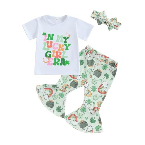 YINGISFITM Toddler Baby Girl St Patricks Outfit Letter Short Sleeve T Shirt Irish Shamrock Bell Bottoms Lucky Clothes (St Patricks Day Outfit Lucky Green, 18-24 Months) | Amazon (US)