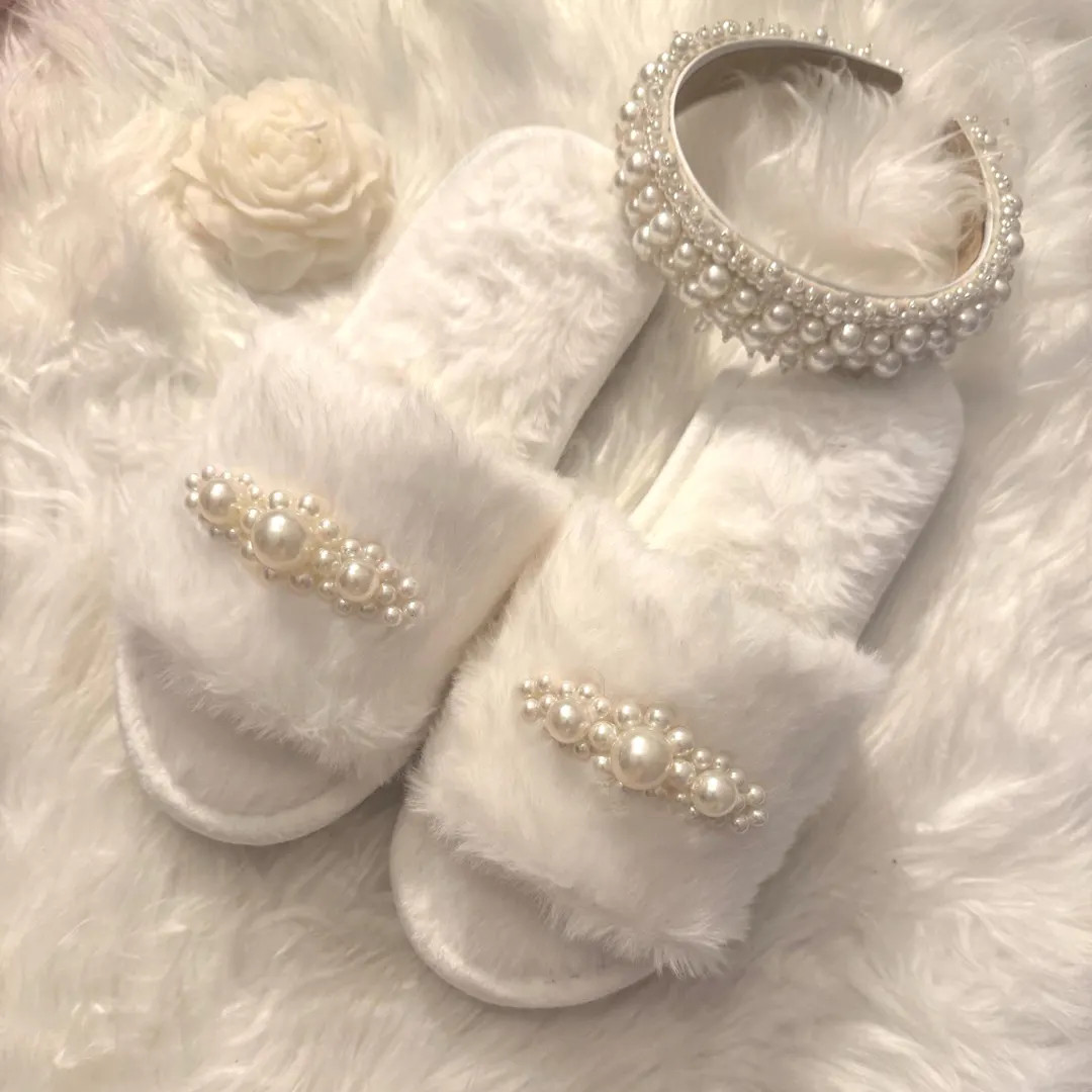 Ivory Fluffy Slippers Embellished Pearl Bride Slippers | Bride | Bride to Be | Wedding | Hen Part... | Etsy (US)