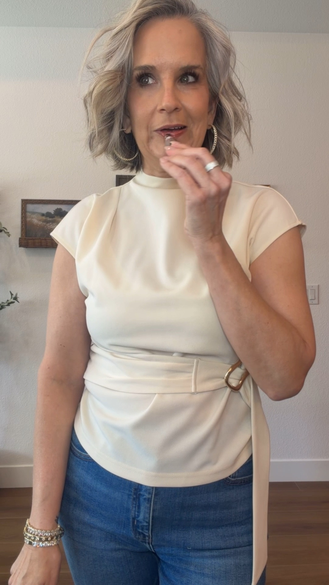 Midlife style inspo-
Easy, flattering wrap style too, Quince jeans and rhinestone jellies🤍 oh and my new fav lip gloss

Midlife style, over 60, casual chic, wrap top, denim straight leg, kick crop, Melinda Maria,

#LTKootd #LTKgrwm #LTKOver40