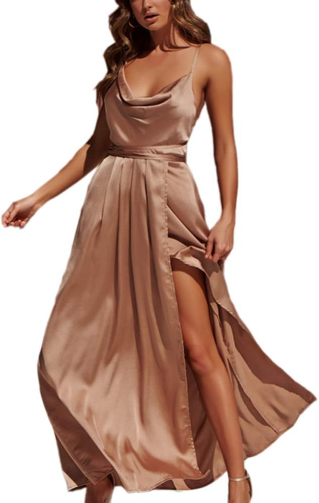 Yimeili Women's Satin Dress Sexy V Neck Backless Split Long Maxi Cocktail Party Dress | Amazon (US)
