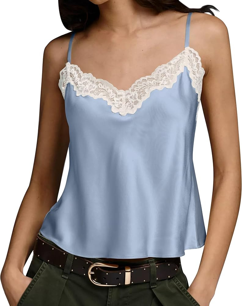 Anoumcy Lace Trim Satin Camisole Tops for Women Summer Satin Crop Cami Tank Top Adjustable Spaghe... | Amazon (US)
