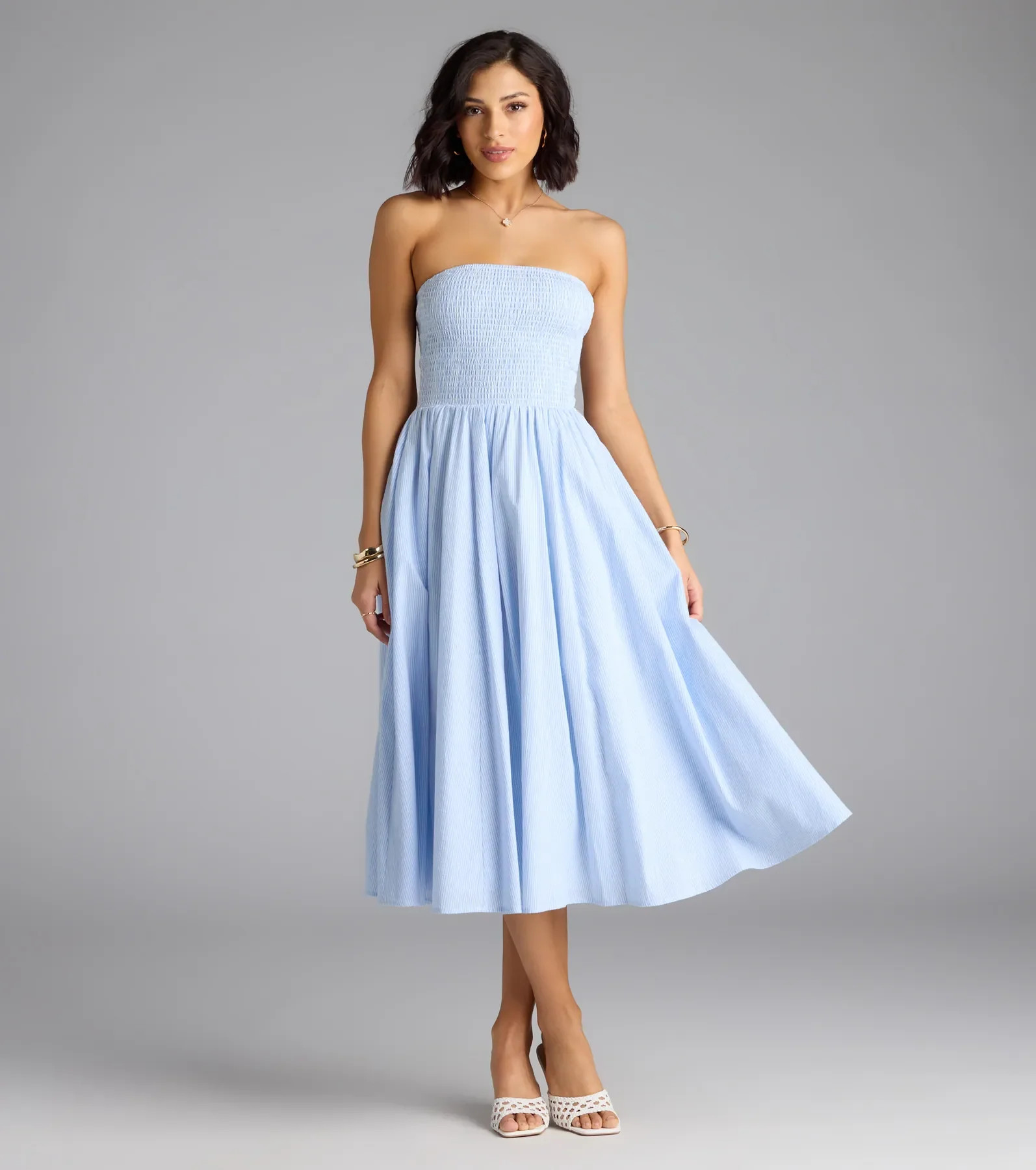 Breeze By Strapless Striped A-Line Midi Dress | Windsor Stores