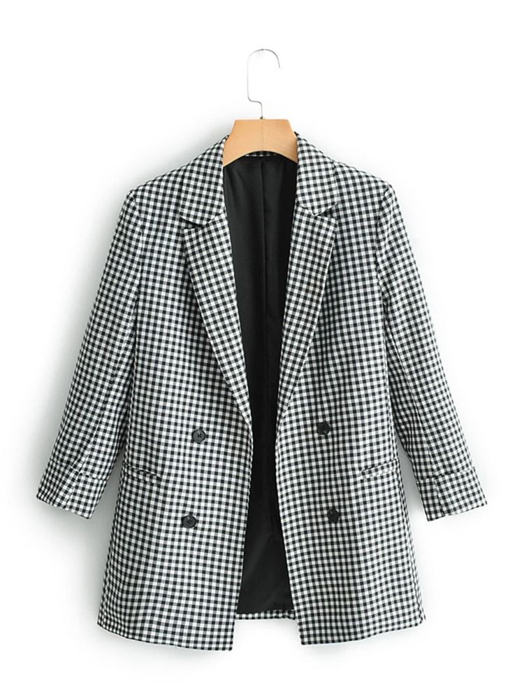 Lapel Collar Double Breasted Gingham Blazer | SHEIN