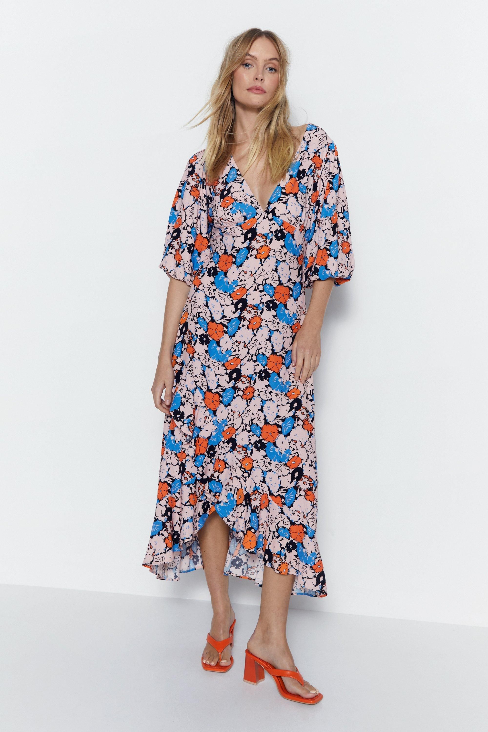Floral Plunge Asymmetric Hem Midi Dress | Warehouse UK & IE
