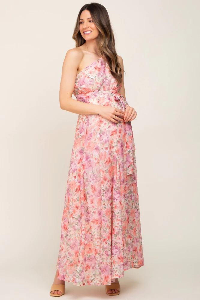 Pink Floral Chiffon One Shoulder Maternity Maxi Dress | PinkBlush Maternity