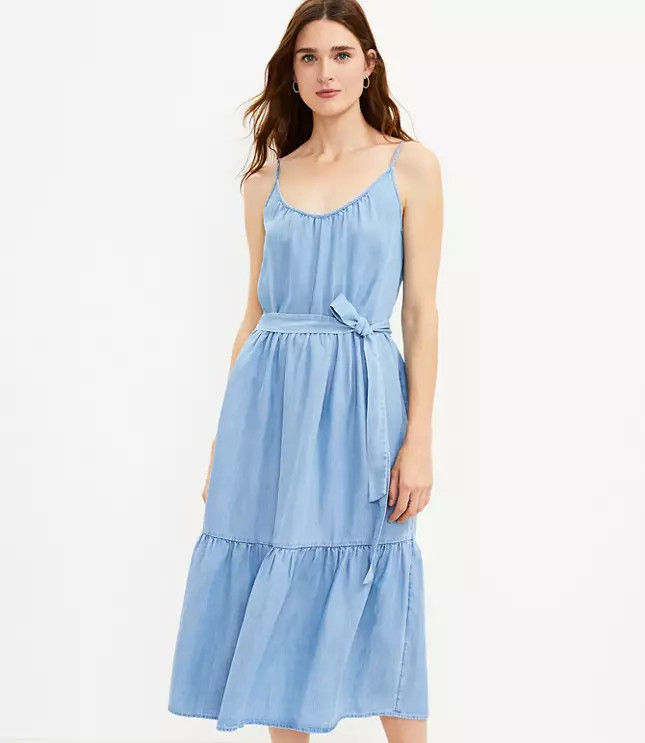 Chambray Strappy Tiered Midi Dress | LOFT