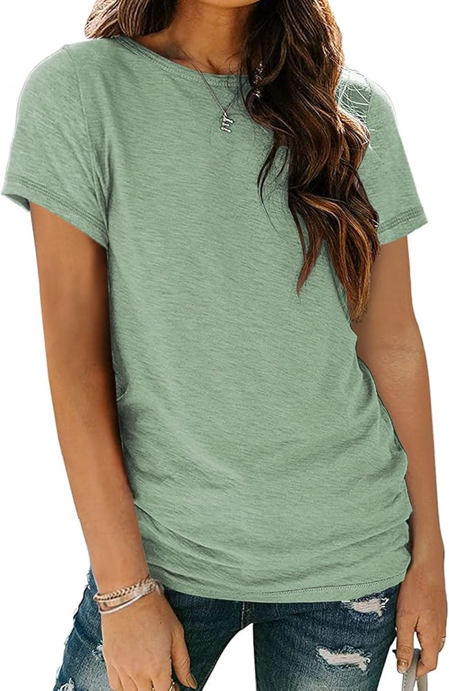 AUTOMET Shirts for Women Round Neck Womens Tops Short Sleeve Shirts Summer Tops Fashion Basic Tee | Amazon (US)