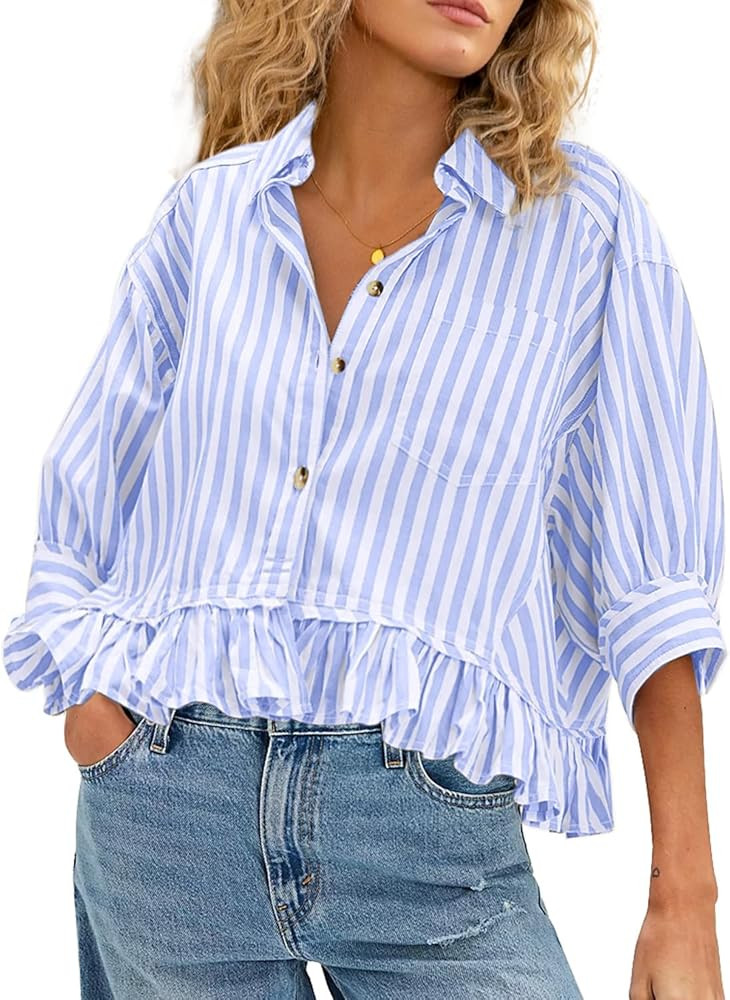 CHYRII Womens Summer Tops Dressy Casual Blouse Top Ruffled Short Sleeve Button Down Striped Shirt | Amazon (US)