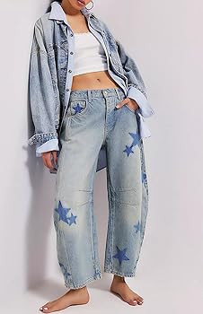 CHARTOU Y2k Barrel Jeans Women Wide Leg Baggy Distressed Printed Boyfriend Horseshoe Denim Pants | Amazon (US)