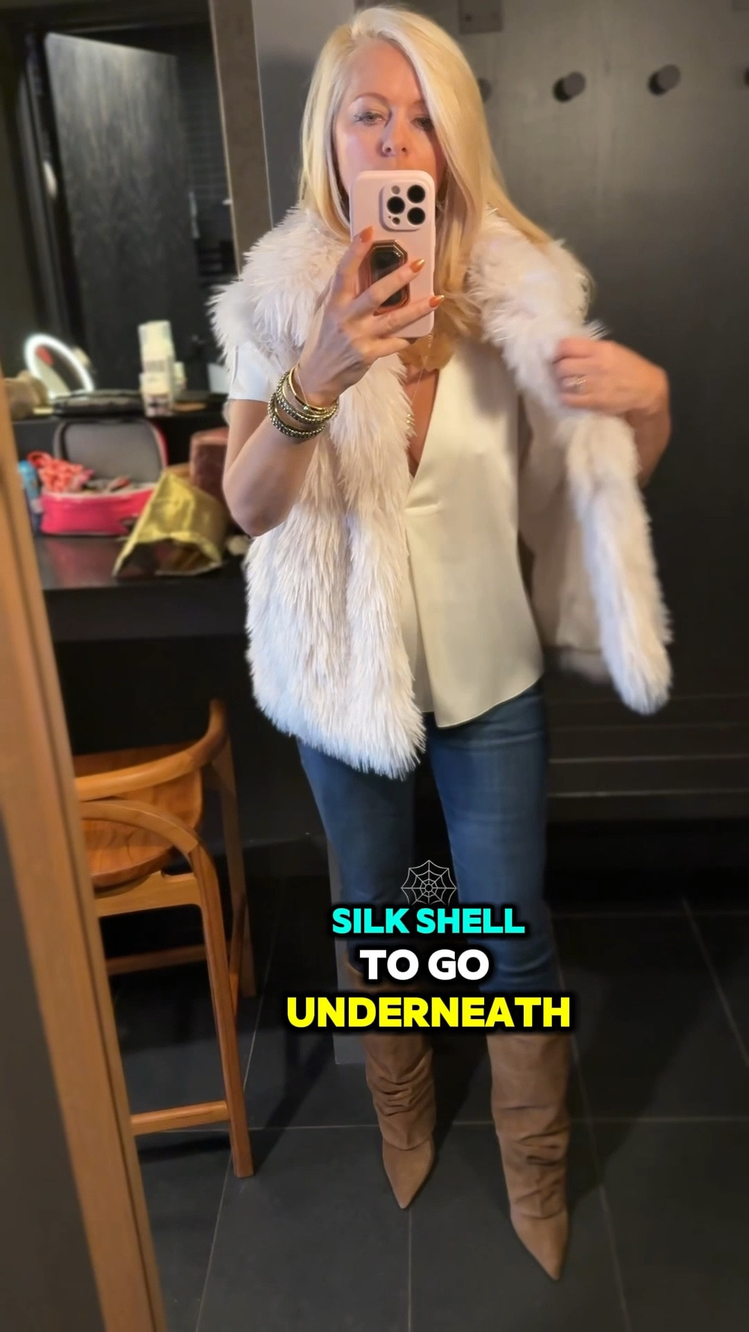 Casual Outfit of the Day in Aspen. 
Cream faux fur vest XS
Boots size 7
Wrap jacket XS

#LTKTravel #LTKootd #LTKgrwm