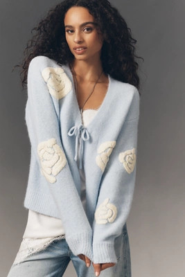 Flat White Embroidered Flower Cardigan Sweater | Anthropologie (US)