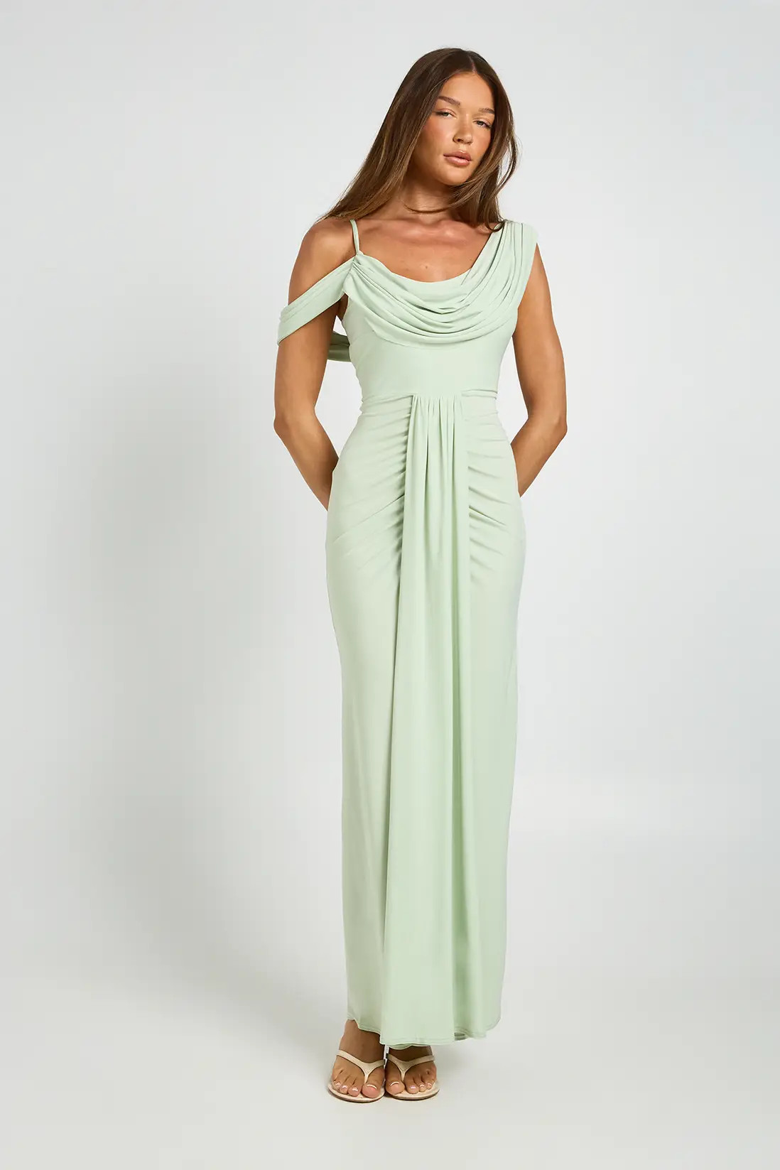 Sage Double Layer Slinky Drape Front Cold Shoulder Maxi Dress | Boohoo | Boohoo.com (UK & IE)