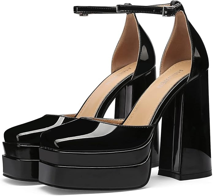 amiuwen Women Platform Pump Sandals,5" Chunky Block Heel,Ankle Strap Buckle,Closed Square Toe,Par... | Amazon (US)