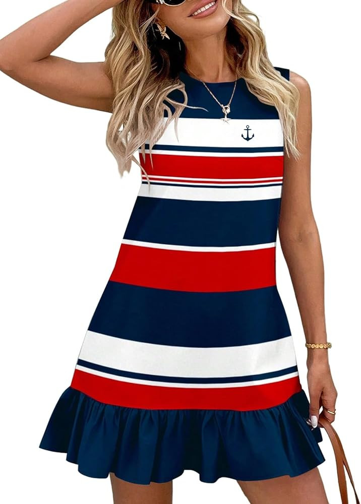 SHEWIN Dresses for Women 2026 Casual Summer Striped Sundresses Ruffle Hem Sleeveless Mini Tank Dr... | Amazon (US)