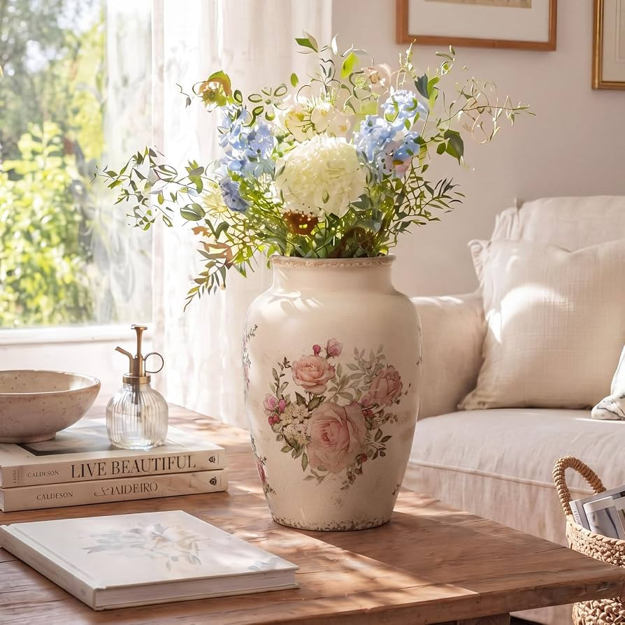 LemonRoad Oil Painting Floral Ceramic Vase, 11 Inch Vintage Chinoiserie Decorative Flower Jar, Ru... | Amazon (US)