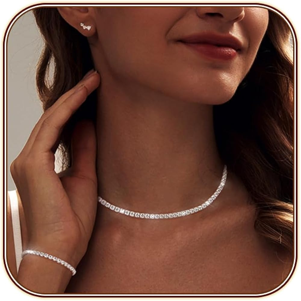 Tennis Necklace Bracelet for Women, Dainty Sterling Sliver Choker Necklace Crystal Link Bracelet ... | Amazon (CA)