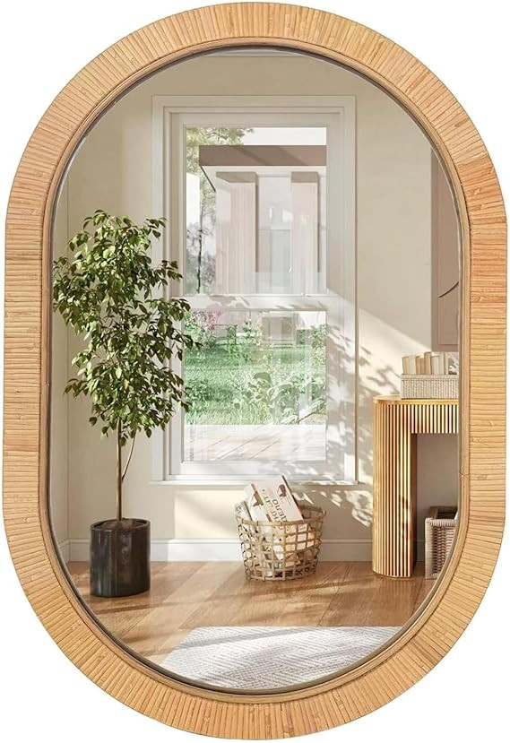 Amazon.com: iyabat Handmade Rattan Mirror for Bathroom Vanity – Oval Wicker Frame Boho Wall Dec... | Amazon (US)