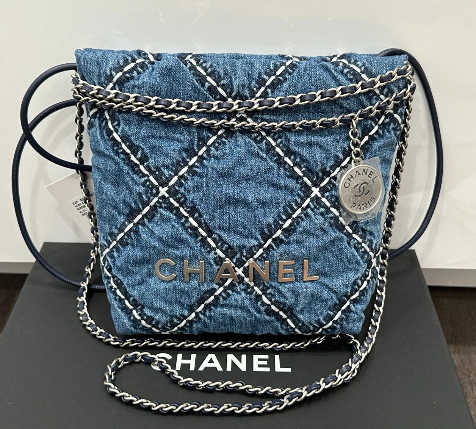 Chanel 22 MINI HANDBAG Quilted BLUE DENIM CROSSBODY HOBO BAG SHW | eBay | eBay US